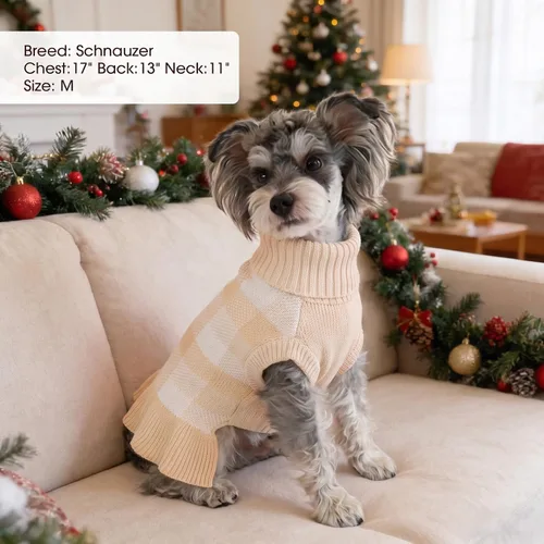 Vista 6 de Vestido de suéter para perro, ropa de Navidad a cuadros para perros Beige