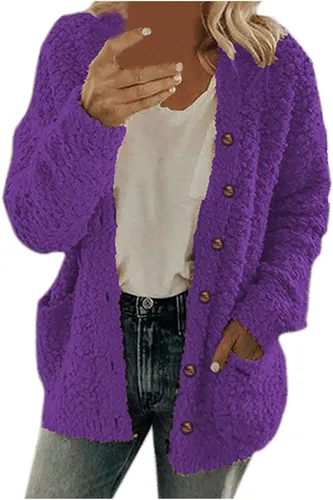 Vista 3 de Blasgw Chaqueta de forro polar mullido para mujer, con botones, con capucha, cómoda, de gran tamaño, con bolsillo