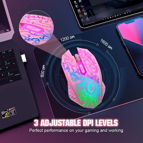 Vista 3 de VersionTECH. Ratón inalámbrico para juegos, mouse de computadora recargable con 7 luces LED, 6 botones programables, receptor nano USB de 2.4 G, 3