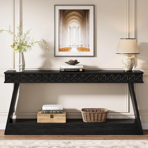 Vista 5 de Tribesigns Mesa Consola Moderna, Mesa de Entrada Extra Larga de 71 Pulgadas con Almacenamiento, Mesa de Sofá Estrecha de 2 Niveles Detrás del Sofá