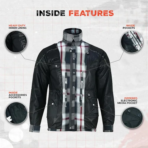 Vista 6 de Camisa de Motociclista para Hombre Daniel Smart Plaid Biker Chaqueta de Franela Desmontable Deportiva Blindada, Cierre con Cremallera y Resistente