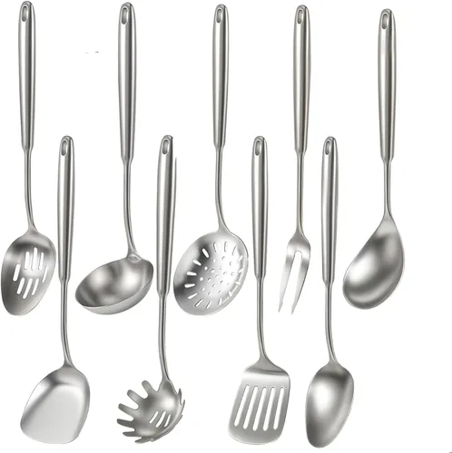 Vista 11 de Newness - Juego de utensilios de cocina de acero inoxidable 304, accesorios de cocina de metal, incluye cucharón de sopa, cuchara ranurada, cuchara