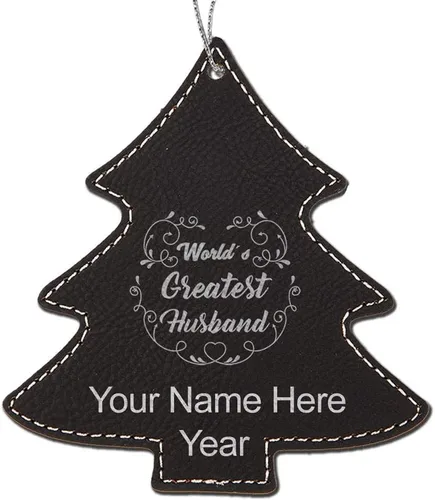 Vista 7 de LaserGram Personalized Christmas Ornament, World's Greatest Husband, Faux Leather, Custom Laser Engraved Gift Idea (Tree Shape, Dark Blue)