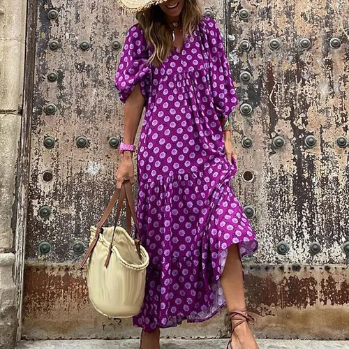Vista 2 de Vestidos de otoño 2023 para mujer, estilo casual, cuello en V, media manga, vestido largo, suelto, bohemio, patrón geométrico, vestidos de falda