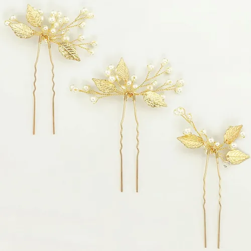 Vista 3 de Juego de 3 horquillas para el pelo de boda con forma de U y hojas doradas, accesorios para la cabeza para novias, mujeres, niñas, fiestas, juego de 3