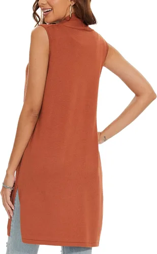 Vista 4 de INKOFF Chaleco de punto largo para mujer, sin mangas, con bolsillos, frente abierto, drapeado, chaleco casual
