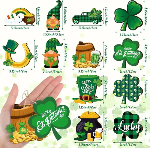 Vista 2 de Ferraycle 36 adornos de árbol del día de San Patricio, adornos de madera de trébol para árboles pequeños, decoraciones de trébol, gnomo, trébol