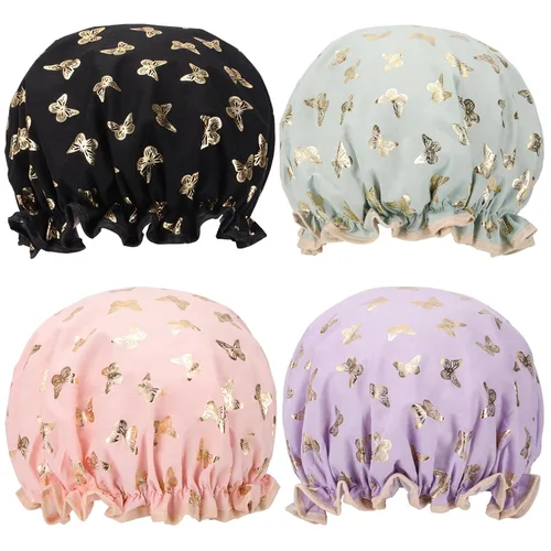 Vista 8 de 4 Piezas Gorros de Ducha para Mujeres y Niña, Gorro de Baño Reutilizable e Impermeable con Doble Capa Impermeable, Patrón de Pájaro y Corazón