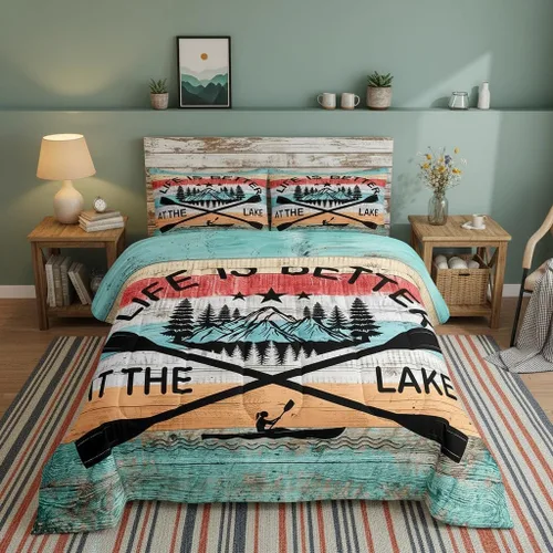 Vista 56 de Lake House - Juego de edredón tamaño individual, juego de ropa de cama rústica de granja vieja de 2 piezas para niños, adolescentes y adultos