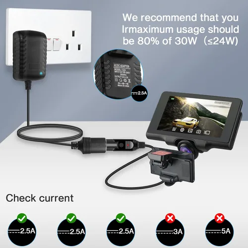 Vista 2 de Convertidor de CA a CC de 12 V 2 A, 24 W Max Cable adaptador de corriente para encendedor de cigarrillos de automóvil, transformador de 110-240 V a