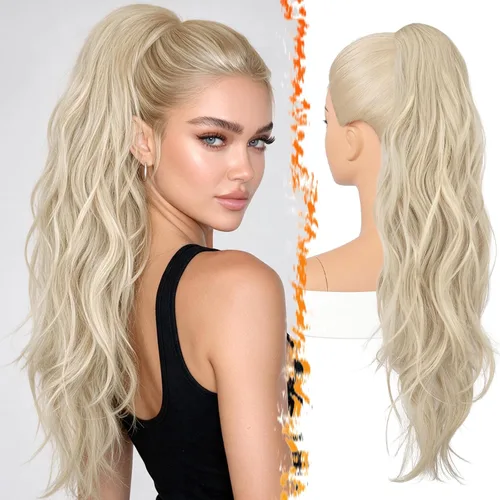 Vista 23 de BARSDAR 25 Inch Synthetic Dual Claw Clip Auburn Brown Loose Wavy Ponytail