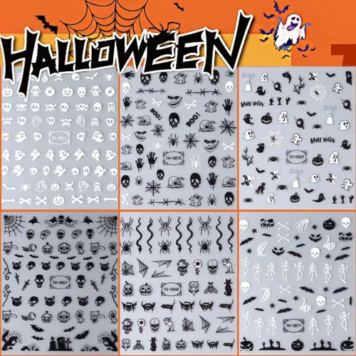 Vista 3 de Calcomanías para Uñas de Halloween, 6 Hojas de Calcomanías para Uñas de Fantasma Negro 3D Autoadhesivas Pequeñas de Horror Calabaza Brujas