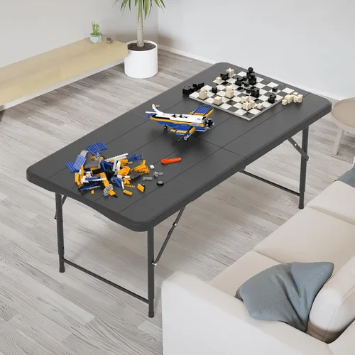 Vista 2 de Vingli - Mesa plegable de 4 pies de plástico para camping, altura ajustable en 3 niveles, portátil para interiores/exteriores, mesa de fiesta Negro