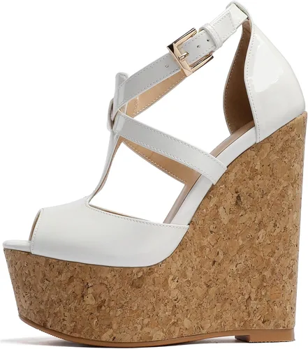 Vista 2 de YODEKS Sandalias de plataforma para mujer, tacón de cuña, correa de tobillo, puntera abierta, moda de verano, oficina, fiesta