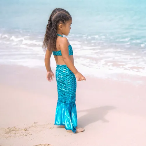 Vista 2 de Fin Fun Cola de sirena para niña, con parte superior de bikini bandeau a juego, disfraz para nadar