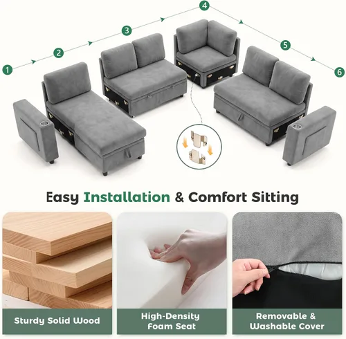 Vista 8 de Sofá cama seccional en forma de L con cama extraíble, 7 asientos Gris