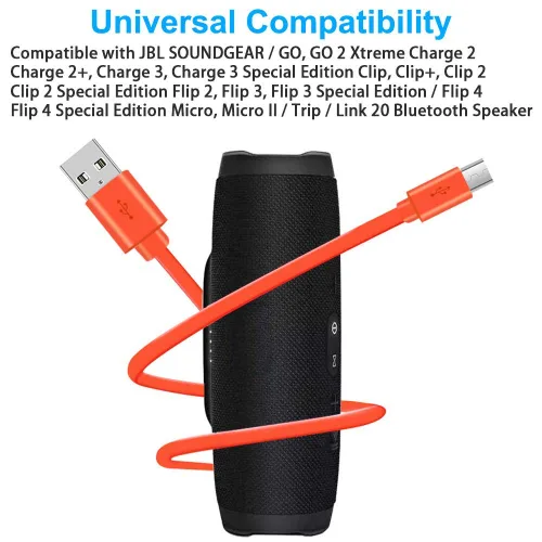 Vista 6 de Cable micro USB de repuesto, cable de alimentación de carga plana compatible con JBL Charge 2 3, Flip 2 3 4, Pulse 2 Go, Clip Plus, Micro II, Trip