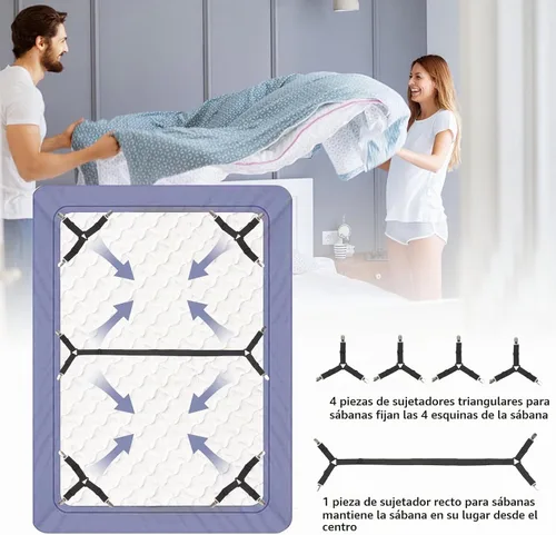 Vista 6 de Luyena - Correas para sábanas de cama, 4 + 1 soporte de clips para sábana bajera, clip triangular mejorado para esquina, correa elástica ajustable