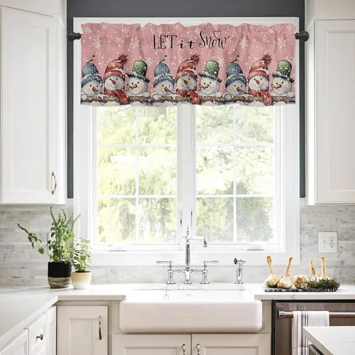 Vista 38 de Cenefa de cortina con lazo rojo de Navidad para ventanas, sala de estar, cocina, baño, granja, bolas de Navidad de acuarela con diseño de bayas