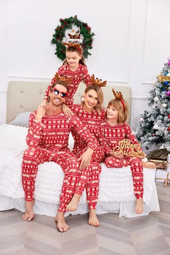 Vista 3 de Ekouaer Conjunto de pijamas familiares de Navidad a juego de manga larga para parejas, pijamas navideñas para mujeres, hombres, niños y niñas