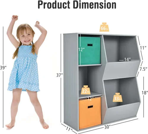 Vista 3 de Costzon Organizador de almacenamiento de juguetes para niños con 5 cubículos, estantería para niños y contenedores de almacenamiento de juguetes