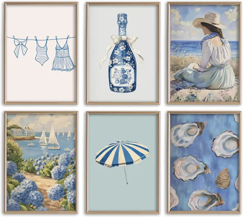 Vista 15 de DULASI Juego de 6 lienzos de paisaje costero de playa, impresiones en lienzo de océano rosa y azul, cuadros abstractos de paisaje marino de verano
