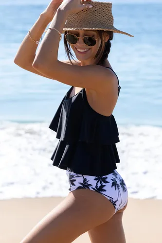 Vista 4 de Beachsissi Traje de baño tankini con estampado de rayas, cintura alta, control de abdomen de 2 piezas