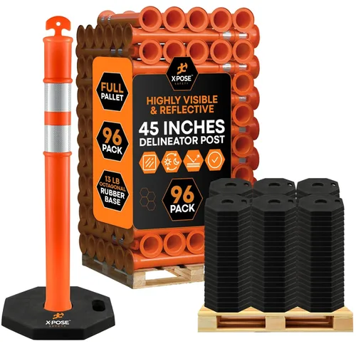 Vista 14 de Xpose Safety Postes de delineador naranja de 45 pulgadas con base, paquete de 3 – parte superior de anillo, banda reflectante de 10 pulgadas, base