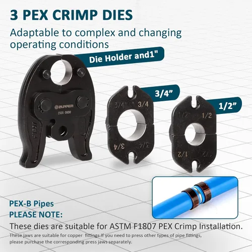 Vista 4 de ZUPPER Mini Kit de Herramientas de Prensa con 3 Matrices de Compresión PEX F1807 de 1/2", 3/4", 1" EE. UU. Compacto, Motor Sin Escobillas, 2 piezas