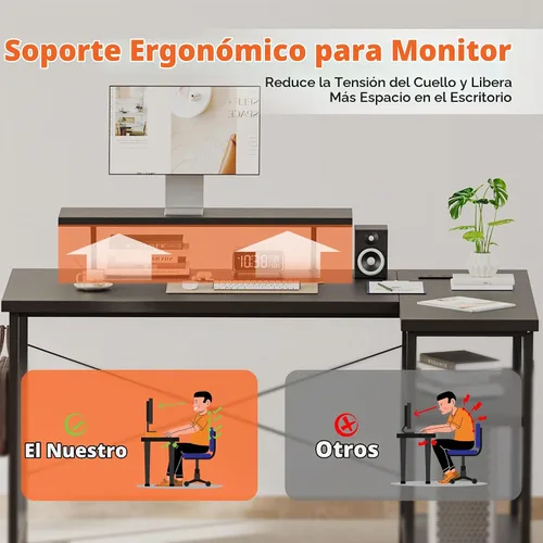 Vista 4 de Mericonia Escritorio para Computadora en Forma de L con Tomas de Corriente, Escritorio de Juegos Reversible con Estantes de Almacenamiento y Soporte
