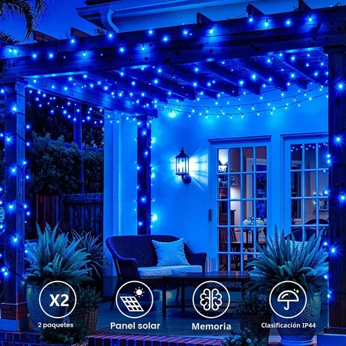 Vista 3 de QITONG Paquete de 2 tiras de luces solares azules para exteriores, impermeables, cada 33 pies, 100 luces LED de Navidad, 8 modos de cable verde