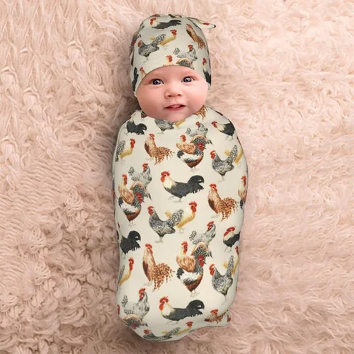 Vista 9 de Galloster Chickens - Manta para bebé niña y niño, regalo para recién nacido, con juego de gorro, manta elástica de recepción para recién nacidos