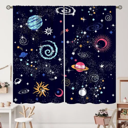 Vista 45 de Cortinas de planeta galaxia, espacio exterior, universo, nebulosa, estrellas, cielo estrellado, con bolsillo para cortinero, para sala de estar