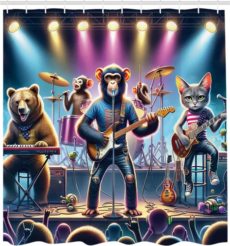 Vista 4 de Ambesonne Cortina de ducha con banda de animales, mono de concierto caprichoso con teclado, oso, guitarrista, gato, juego de decoración de baño