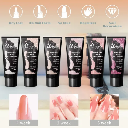 Vista 4 de Kit de gel de extensión de uñas, juego de gel transparente con purpurina para arte de manicura de uñas en casa