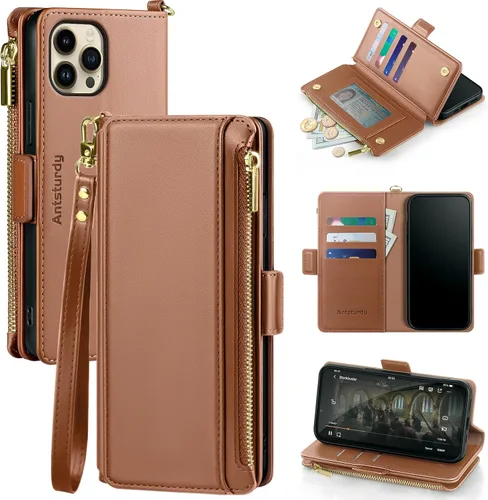 Vista 12 de Antsturdy - Funda cruzada tipo cartera para iPhone 12 Pro Max, color negro RFID Blocking,PU Leather Flip Cover,Kickstand,with Credit Card