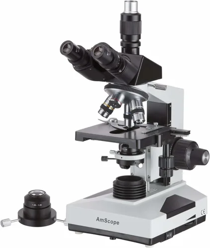 Vista 6 de AmScope T490B Microscopio trinocular compuesto, ampliación de 40X-2000X, luz halógena, condensador Abbe, mesa mecánica de 2 capas, óptica de alta
