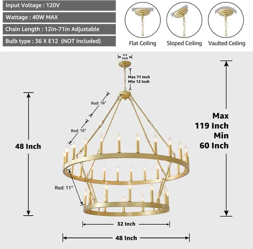 Vista 3 de EGM Candelabro dorado de 48 pulgadas con rueda de carro de 2 niveles, 36 luces grandes de color dorado cepillado estilo granja, lámparas de techo