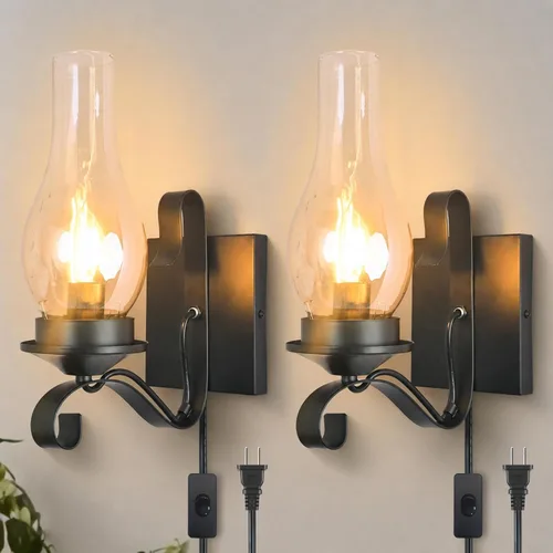 Vista 9 de Black Plug in Wall Sconce 1-Pack, UL Listed Rustic Farmhouse Lamp, E12 Base