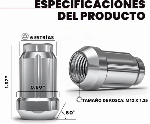 Vista 3 de White Knight 3806-20AM - Tuercas de rueda cromadas M12x1.25 con llave, paquete de 20