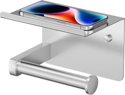 Vista 16 de Portarrollos de papel higiénico con estante, montaje en pared adhesivo o con tornillos, portarrollos de papel higiénico para baño, dispensador