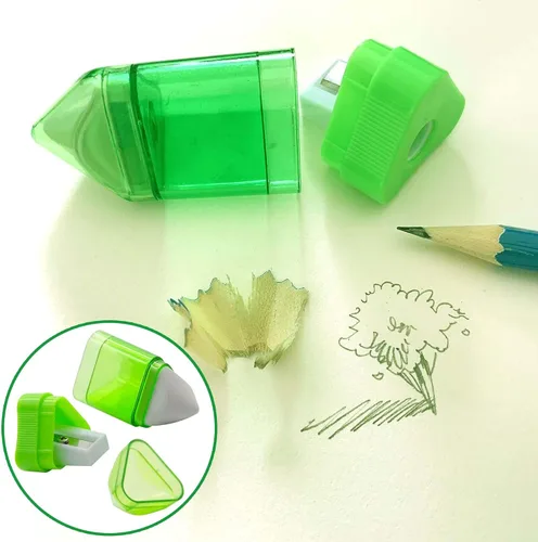 Vista 7 de 20 sacapuntas manuales con borrador, 2 en 1, sacapuntas de mano de forma triangular de un solo orificio con receptáculo y borrador para suministros