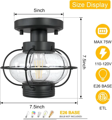 Vista 3 de Kalium Lámpara de techo para porche, lámpara de techo empotrada al aire libre con pantalla de globo de cristal, base estándar E26, lámpara