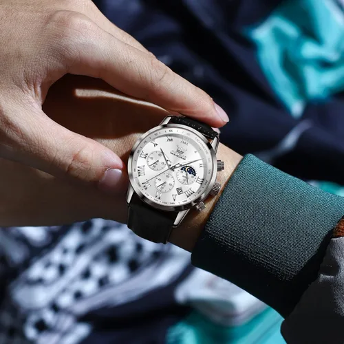 Vista 5 de OLEVS Reloj para hombre cuero marrón moda cronógrafo reloj luminoso impermeable casual relojes de pulsera