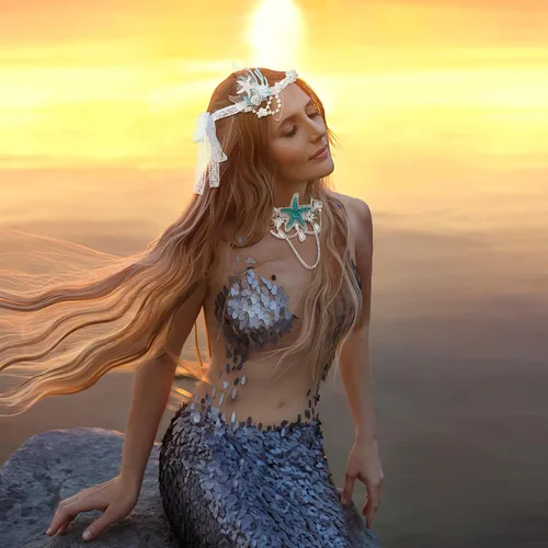 Vista 5 de MTLEE 2 piezas de accesorios de disfraz de sirena, estrella de mar, banda de mar, accesorios para el cabello de sirena y collar de estrella de mar