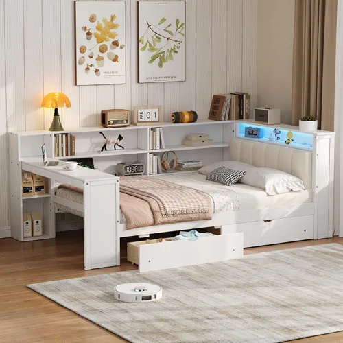 Vista 35 de VilroCaz Cama de sofá de tamaño individual de madera con estantes de almacenamiento y escritorio de estudio, estructura de cama de día Blanco