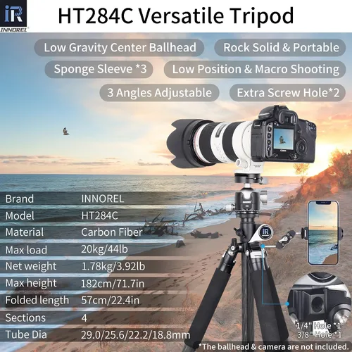 Vista 2 de INNOREL Trípode horizontal de fibra de carbono de 10 capas HT284C con columna central giratoria de 360 grados para DSLR, video, videocámara, cámara