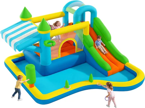 Vista 9 de Albott Inflatable Bounce House Obstacle Course with Blower, for Kids 3-10 Azul océano y verde