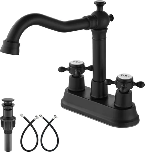 Vista 16 de Aolemi Juego central de 4 pulgadas, grifo vintage para lavabo de baño, 2 manijas cruzadas, lavabo para lavabo, 3 agujeros, incluye mangueras, grifo