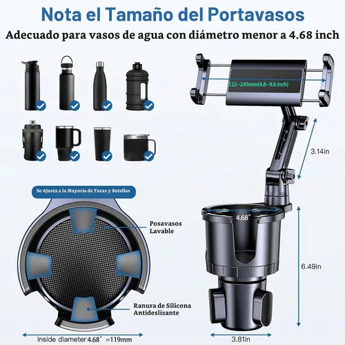 Vista 5 de Portavasos para teléfono y tableta, 2 en 1, iPad con brazo extensible ajustable para teléfono de 4.7 a 10 pulgadas, soporte para tableta compatible